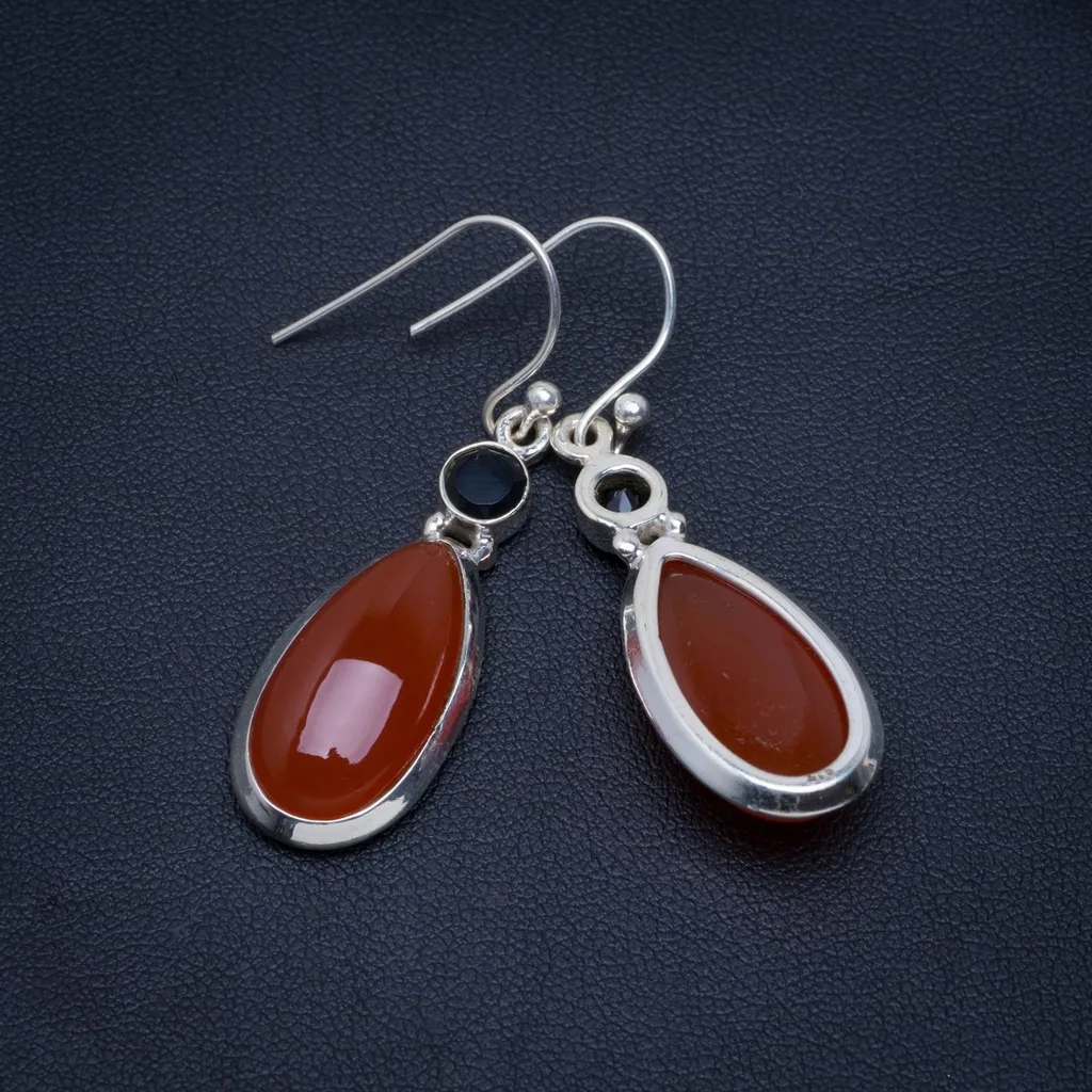 

Natural Carnelian and Black Onyx Handmade Unique 925 Sterling Silver Earrings 1.75" A4341
