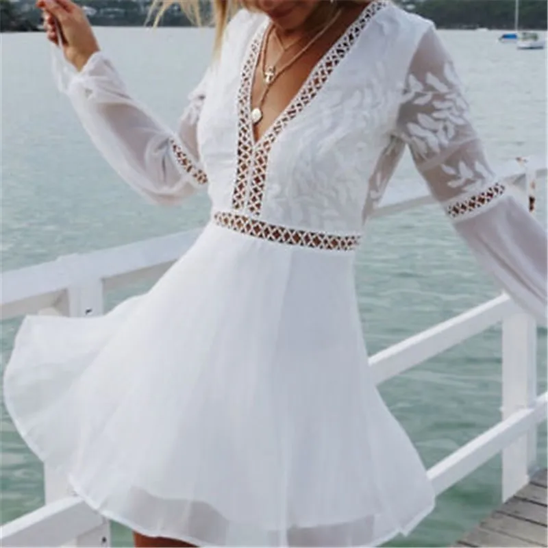 

New Fashion Women Casual V-Neck Long Sleeve Lace Trim Short Mini Dress Tops