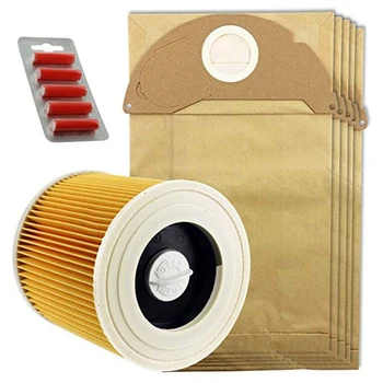

5 X Wet & Dry IPX4 MV2 Bags & Filter For Karcher Vacuum Cleaner + Fresh