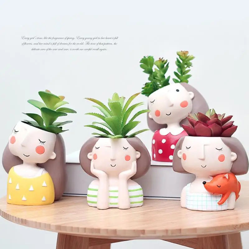 

Lovely Girl Cartoon Design Resin Plant Flower Pot Succulent Container Planter Bonsai Pot Flowerpot Desktop Craft Home Decoration