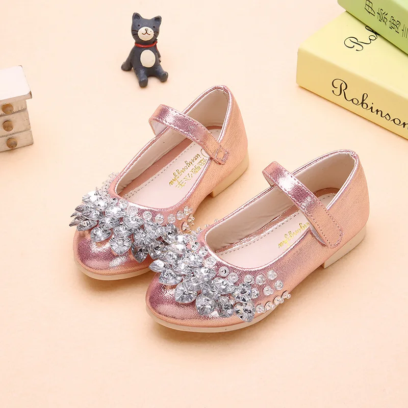 Heart Rhinestone Girls Princess Shoes Gold Pink Sliver Leather Girls ...