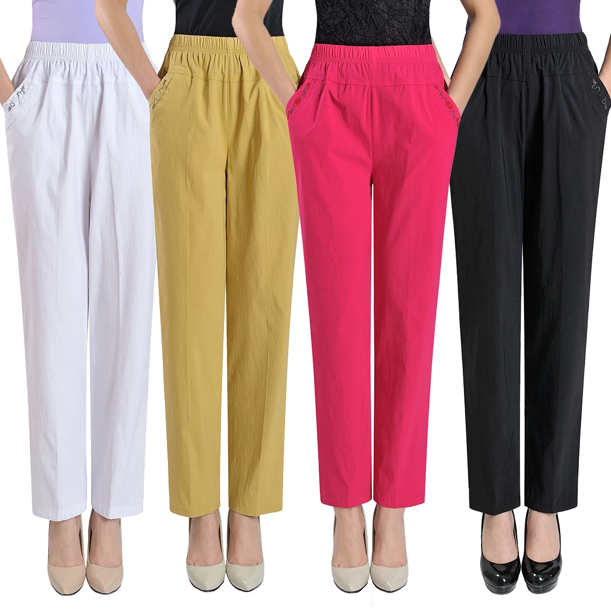 

Middle Aged Women Casual Straight Pants Female Loose Elegant Fashion Spring Summer Elastic Waist Solid Color Pants Plus Size 4XL