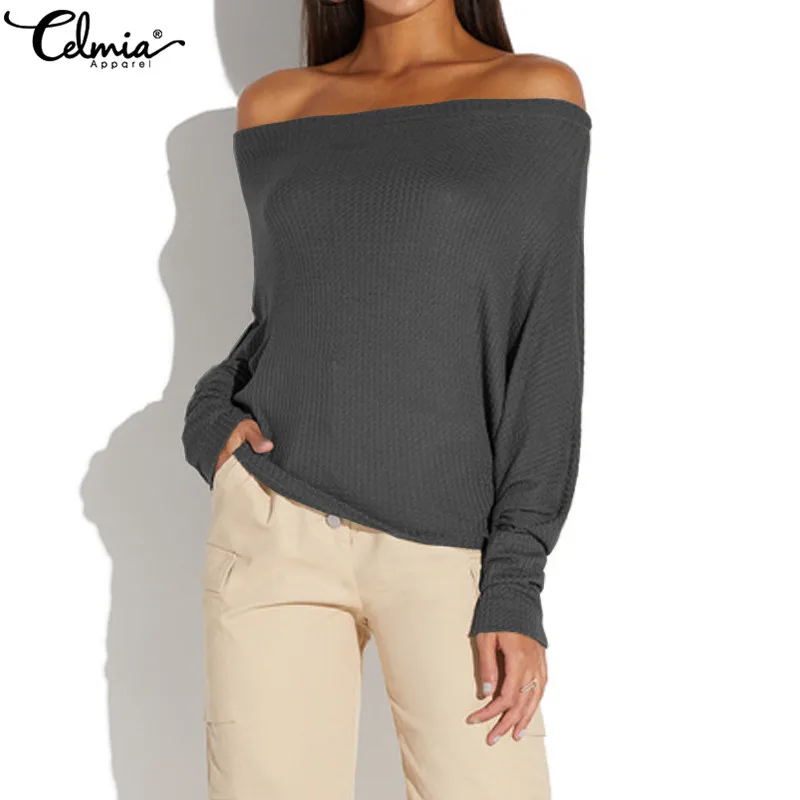 

Celmia 2019 Sexy Off Shoulder Tops Women Knit Blouses Slash Neck Casual Loose Ladies Blusa Solid Shirt Plus Size Camisa Feminins