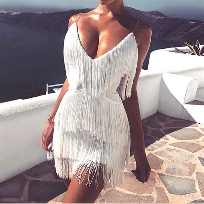 

hirigin Women V Neck Tassles Sexy Solid Dress Bodycon Mini tassels Casual Dresses Dress women female