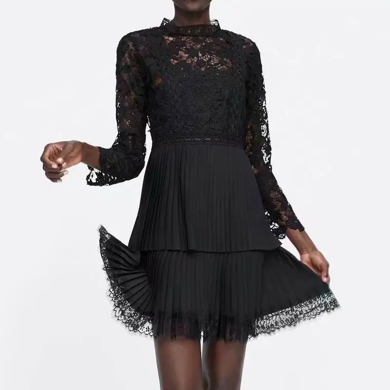 

Women Lace Dress Summer 2019 New Arrival Vintage Retro Look Hollow Out Patchwork Pleated Female Fit and Flare Black Dresses