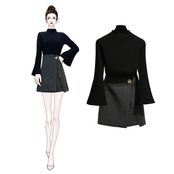 Spring Horn Sleeve Knit Irregularly Split Stripes Bust Skirt Of Tall Waist Black Top Knitwear Vestido marled knit crop top with split skirt