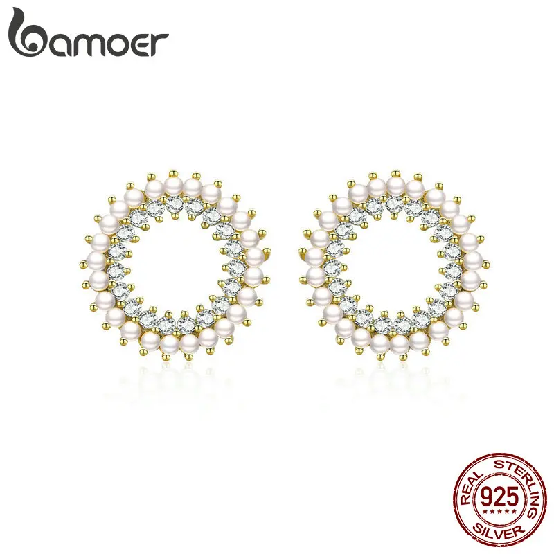 

BAMOER Pearl Silver Earrings 925 Sterling Silver Geometric Round Stud Earings for Women Ear Pin European Fine Jewelry BSE070