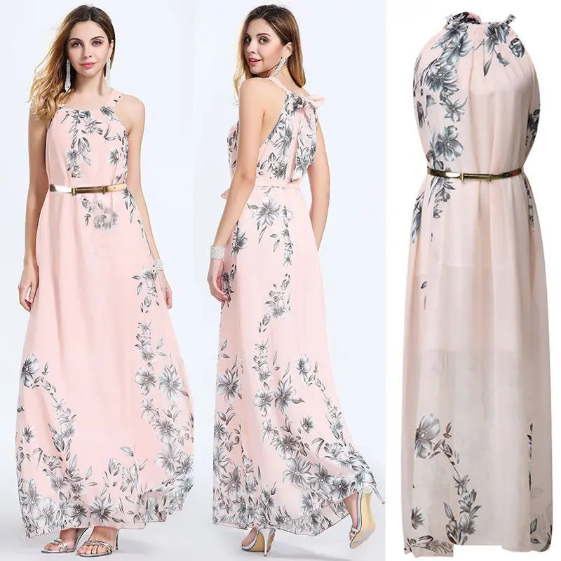Women Summer Boho Party Formal Dress Sleeveless Backless Belt Floral Print Straight Ankle-Length Dress Sundress With Belt
