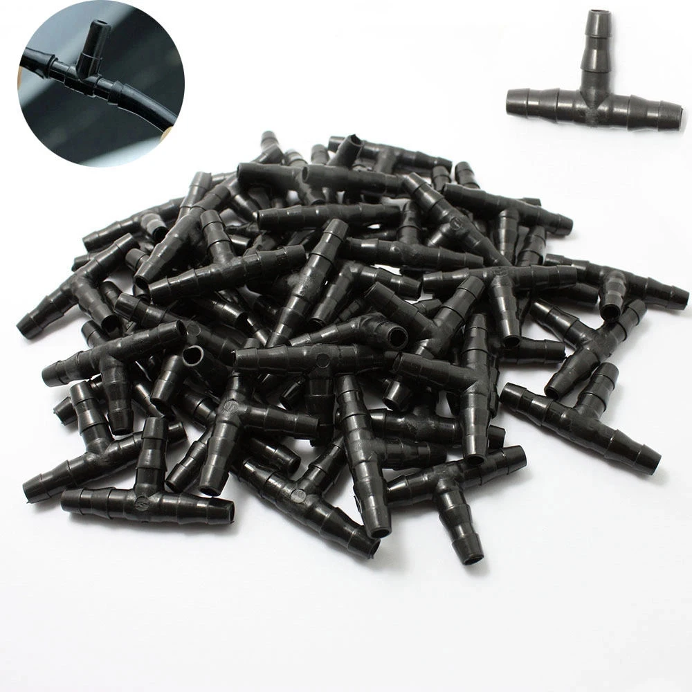 

100Pcs Barbed Tee Three Way Garden Water Connectors For 4 / 7mm Pipe Home Garden Irrigation Watering System Connection Joints