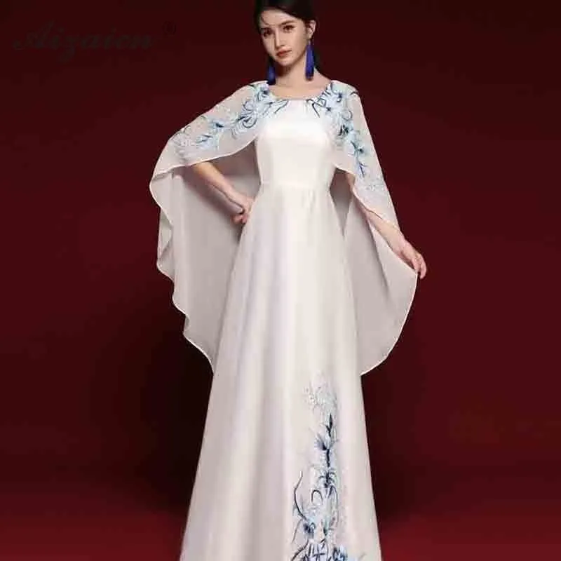 Новые модные синие белые длинные платья Cheongsam из шифона с вышивкой Qi Pao, женское традиционное платье на одно плечо, платье Qipao