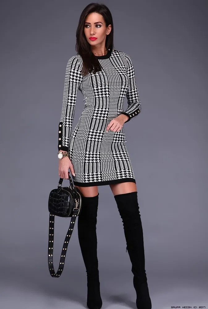 Women Houndstooth Long Sleeve Dress Black White Rayon Bandage Dress Top Quality Evening Party Bodycon Dress