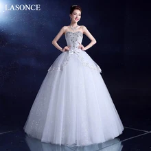 LASONCE Crystal Strapless Lace Ball Gown Wedding Dresses Off The Shoulder Bow Tiered Tulle Backless Bridal Gowns цена LASONCE Crystal Strapless Lace Ball Gown Wedding Dresses Off The Shoulder Bow Tiered Tulle Backless Bridal Gowns цены онлайн