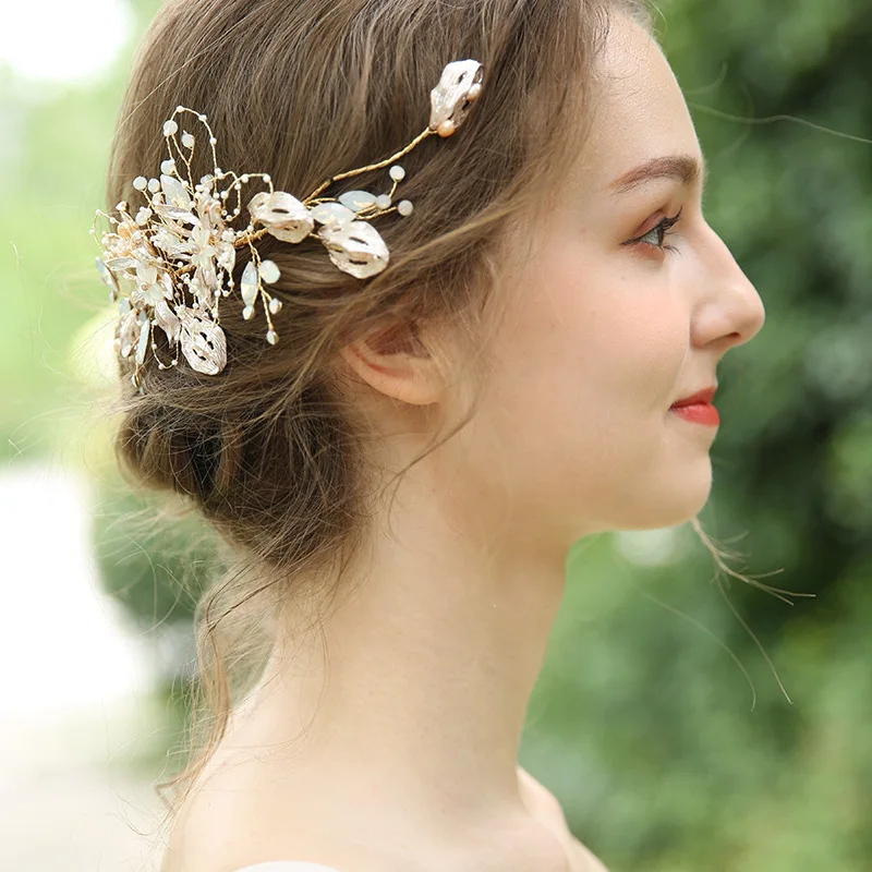 Роскошные свадебные украшения для волос пресноводная жемчужная расческа для волос для невесты головной убор Золотые листья женские украшения для волос Тиара повязка на голову