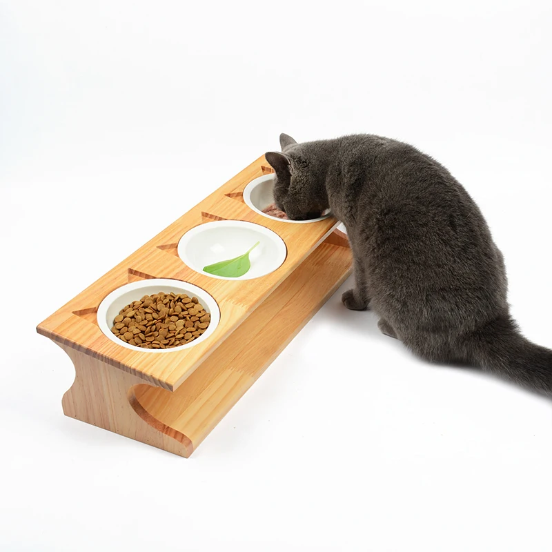 

Solid wood Pet dining table bowl Pet wooden Tilted Feeders Dog cat Anti-slip three Bowl Cat Dish with Slope stand CW122