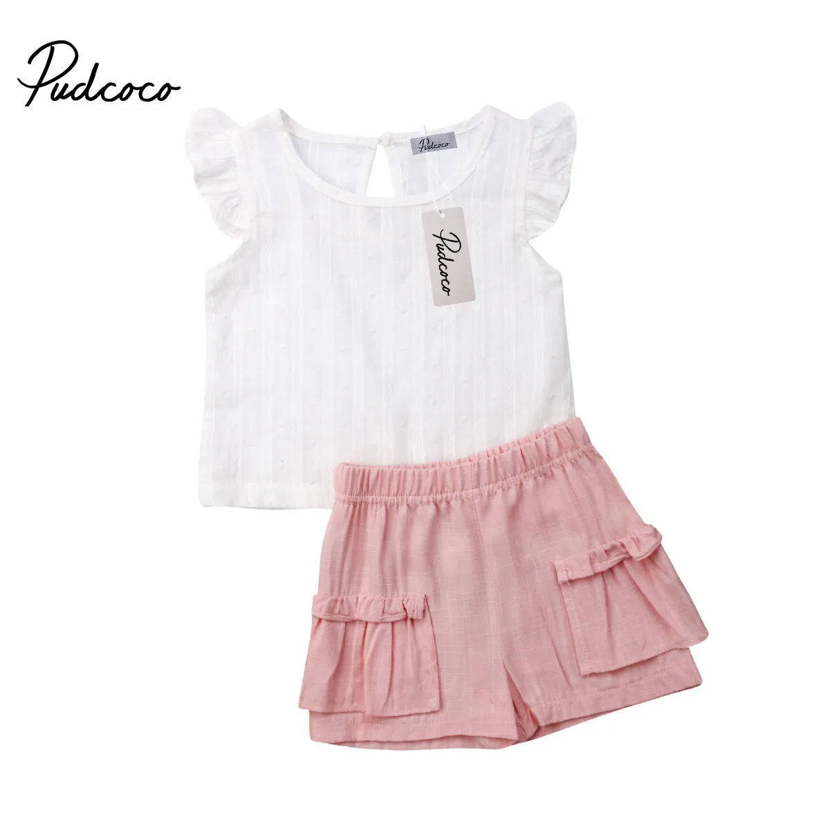 

Baby Children Clothes Sets 2019 SummerGirls Fly Sleeve Flower Cotton Blouse + Pink Shorts Summer Set Pocket Striped Clothes k1