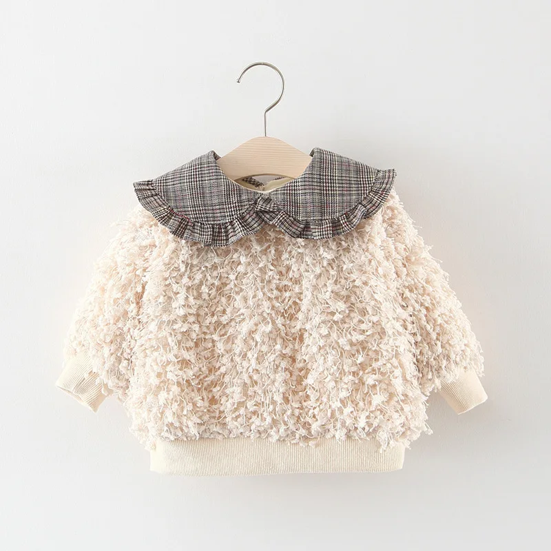 Зимний бархатный трикотаж для малышей; теплый вязаный свитер принцессы для девочек; утепленная верхняя одежда; пуловер; топы для детей с отложным воротником