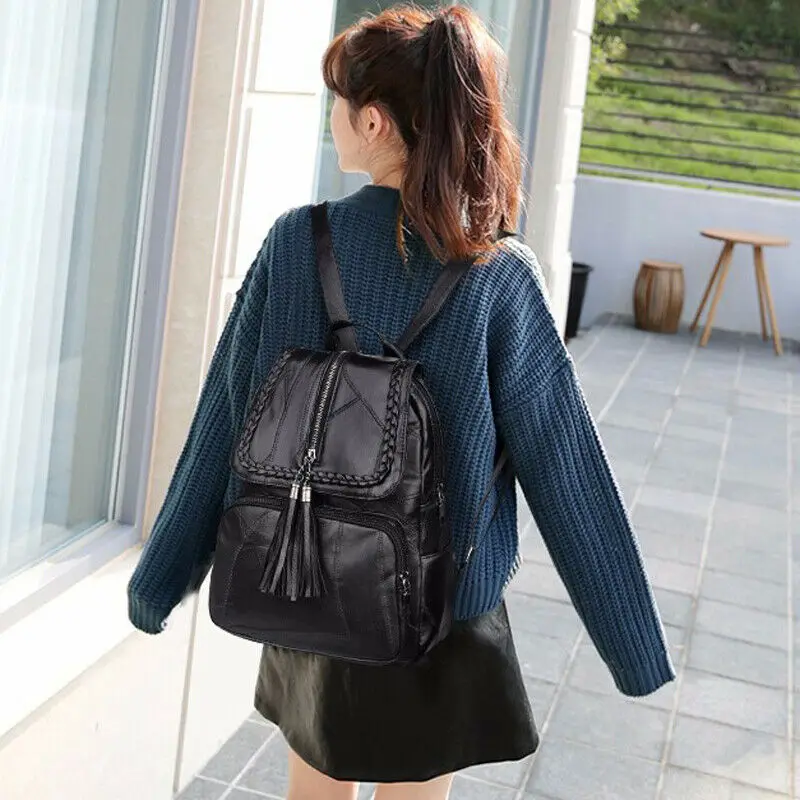  2019 Women's PU leather backpack School bag classic black waterproof travel multi-function Shoulder - 32995442543
