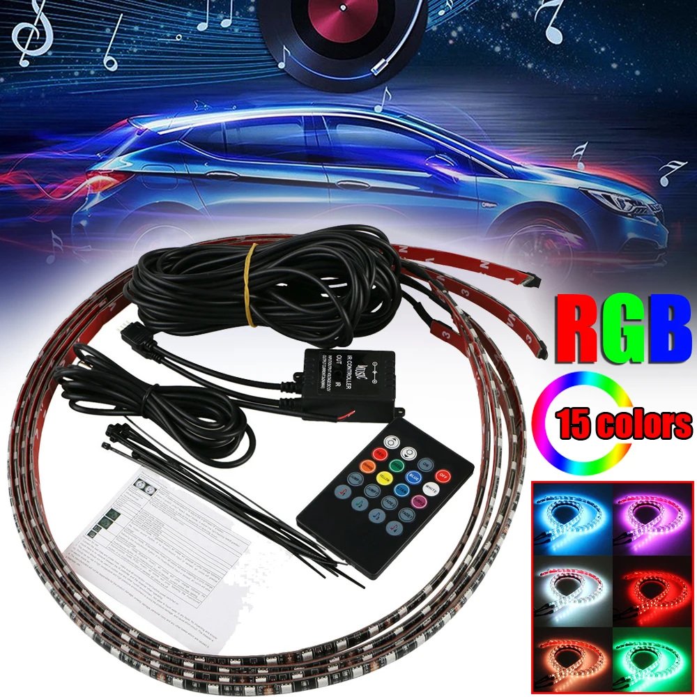 

For Car Decoration 4pcs RGB LED Under Car Strip Tube Underglow Underbody System Neon Light Kit Remote Control Mayitr
