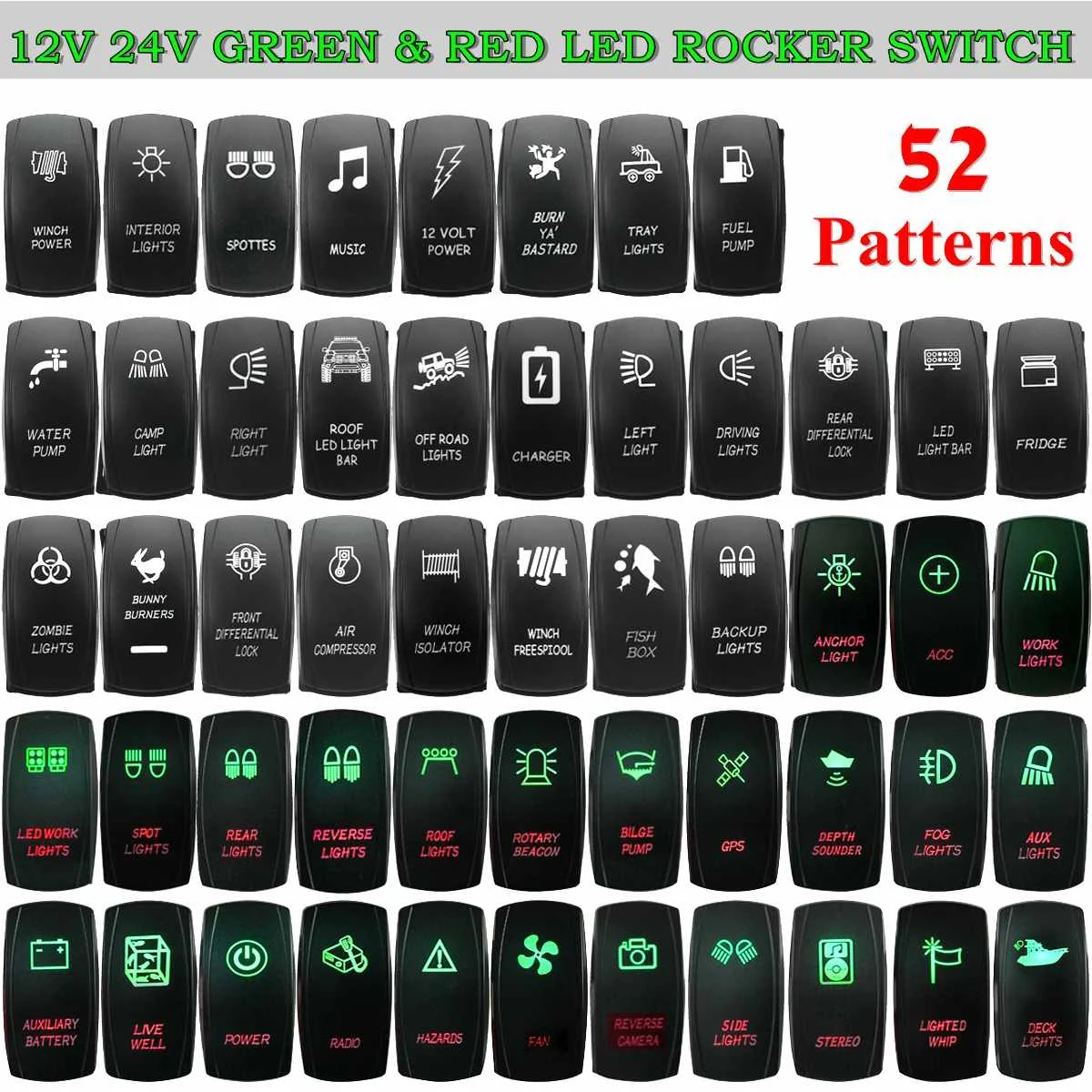 

12V 24V Car Boat Rocker Switchs 5 Pins Dual Green Red LED Lights Rocker Switch Button for Marine Caravan 4x4
