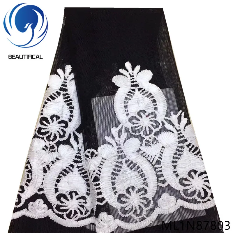 

Beautifical african lace fabrics black/white mesh tulle lace fabric Latset design embroidery nigerian lace for dresses ML1N878
