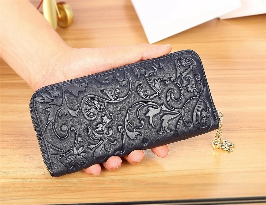 

Dark Blue Real Genuine Leather Zipper Long Wallet Women Coin Purse Clutch Card Holder Phone bag billetera portefeuille femme