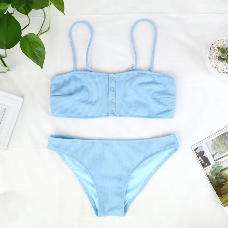 

Hirigin 2019 Pure Sky Blue Sexy Women Bikini Swimwear Summer Beachwear Swimsuit Secret Button Women Bathing Suit Padded Bather