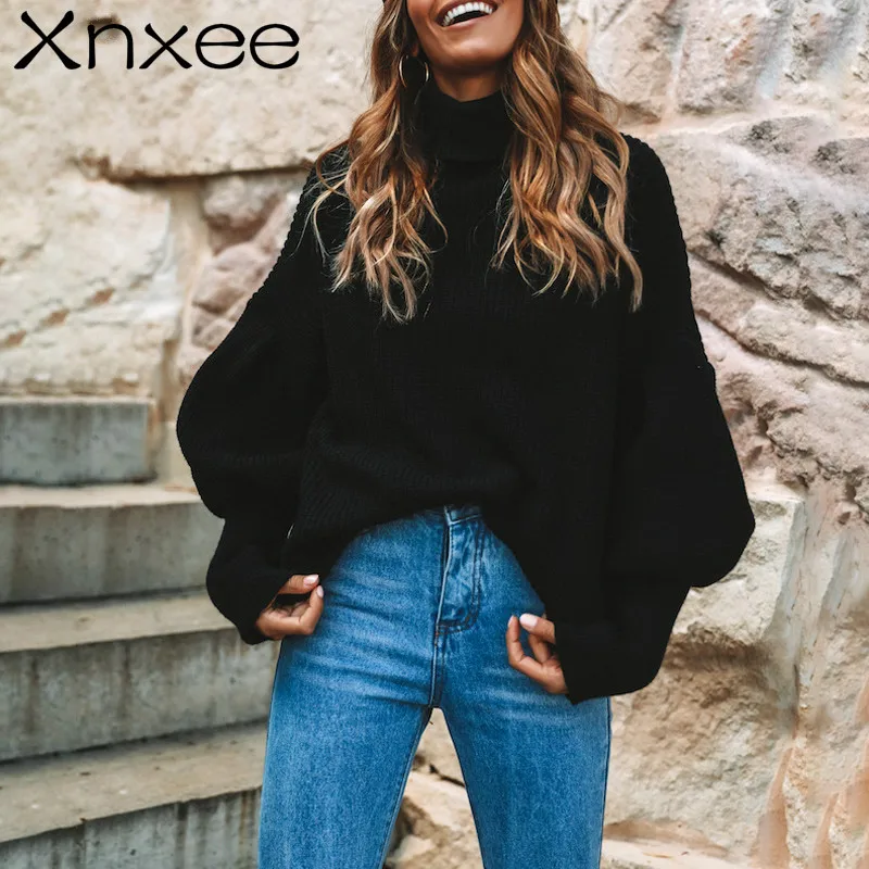 Xnxee Turtleneck red winter sweater women knit Lantern sleeve white sweater female Loose oversized pullover knitted jumper