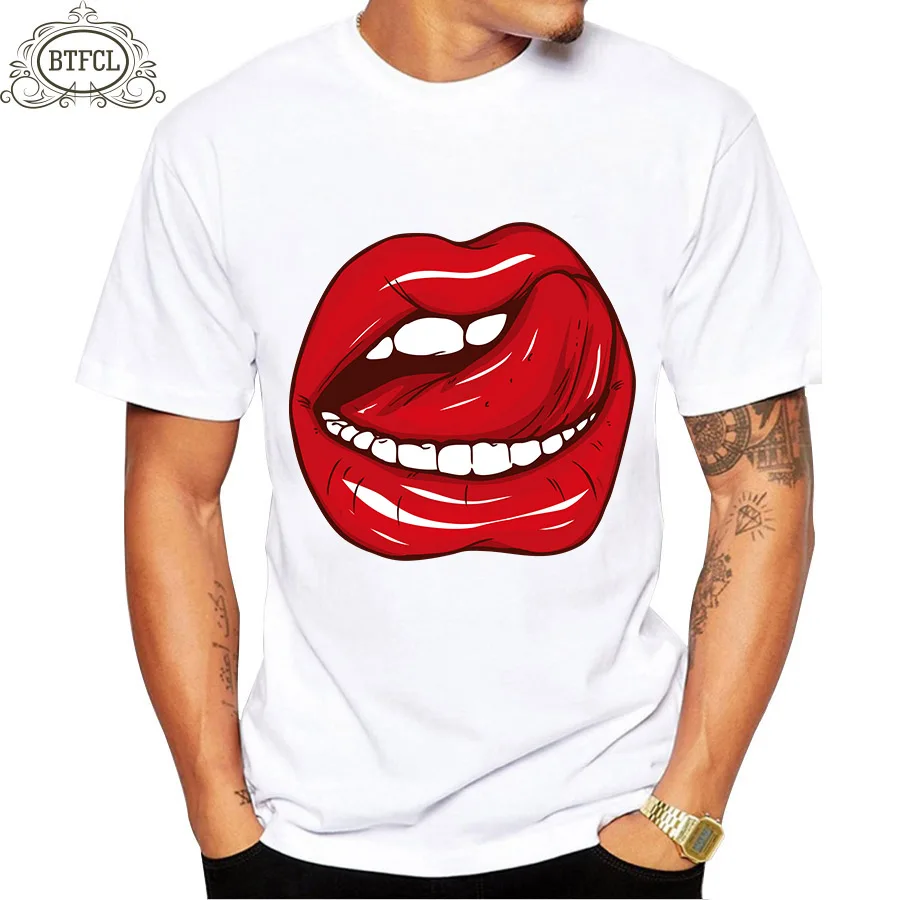 

BTFCL Cotton Tee Short Sleeve Mens T Shirt Print Casual Men Tshirt Red Lips Print Streetwear Boyfriend Gift