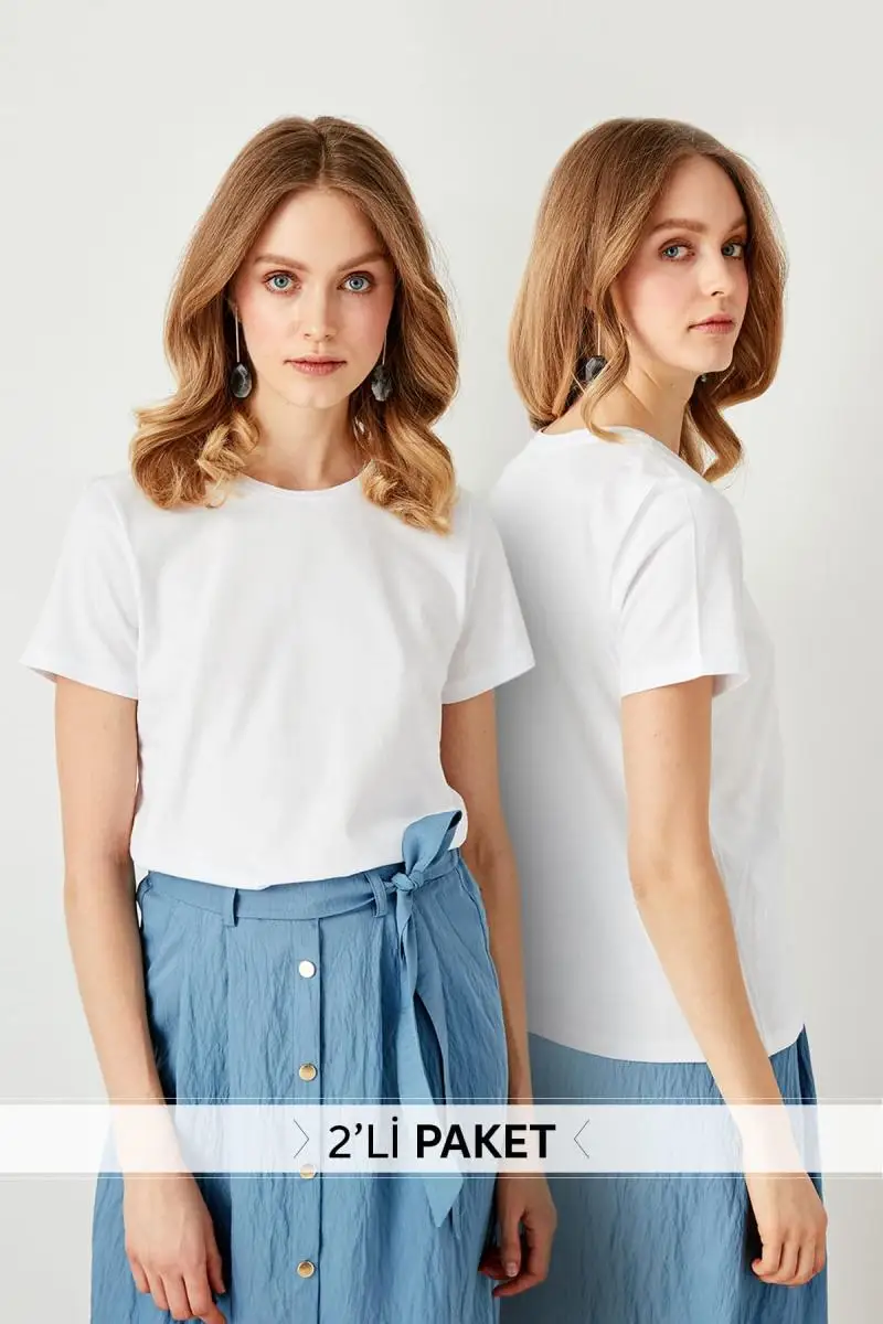 Trendyol Белый велосипед воротник хлопок 2'li Örme Базовая футболка TWOSS19BO0066|Футболки| |