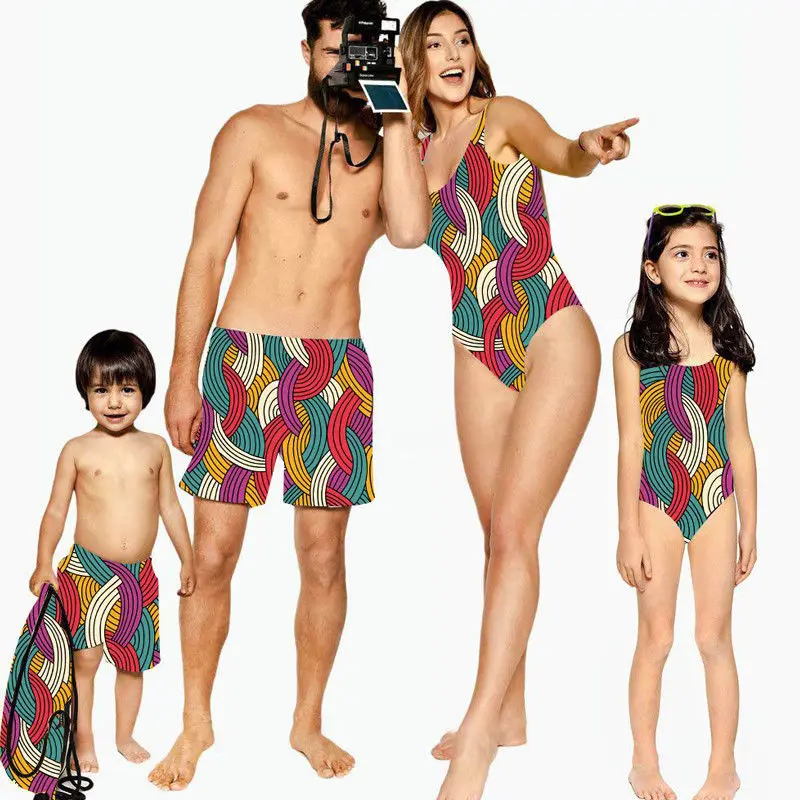

Abstract Stripe Printed Family Matching Colorful Women Girls One Piece Bodysuit Men Boys Board Shorts Summer Bathing Swimwear