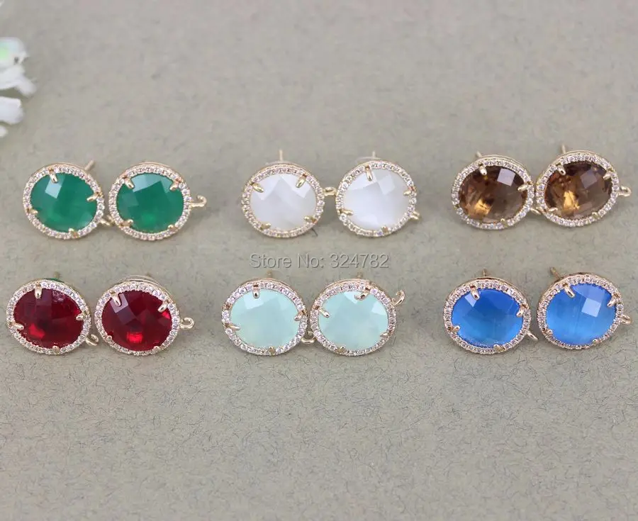 5 Pairs Micro Pave CZ Crystal Glass Round Shape Post Earring Findings with Loop,Cubic Zirconia Crystal Glass Round Stud Earring 4