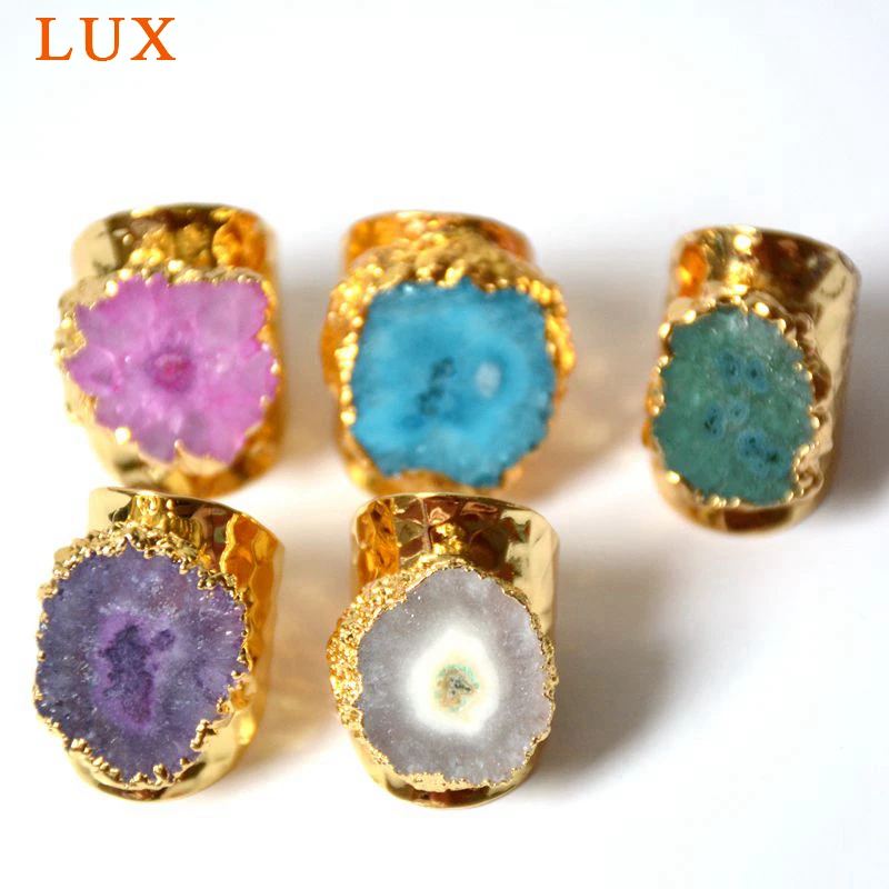 Natural Adjustable Raw Stone Ring Druzy Cigar Solar Quartz silvers band Boho sun flower crystal druzy ring for women | Украшения и
