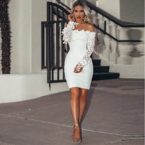 

Women Ladies Bodycon Off Shoulder Lace Dresses Long Sleeve Party Evening Holiday Formal Mini Solid White Dress