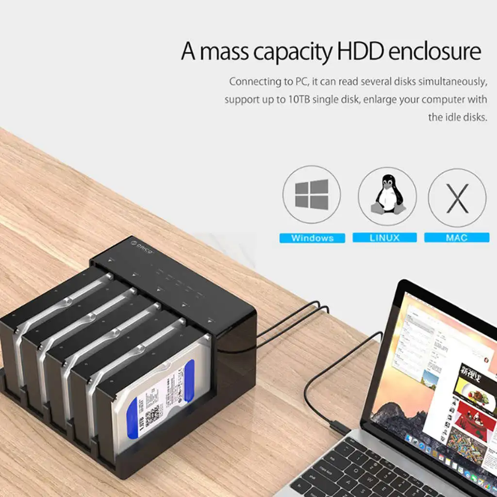 Orico 6558Us3-C 5 Bahía Super velocidad Usb 3,0 HDD estación de acoplamiento herramienta gratis USB 3,0 a SATA caja de disco duro caso adaptador - 3
