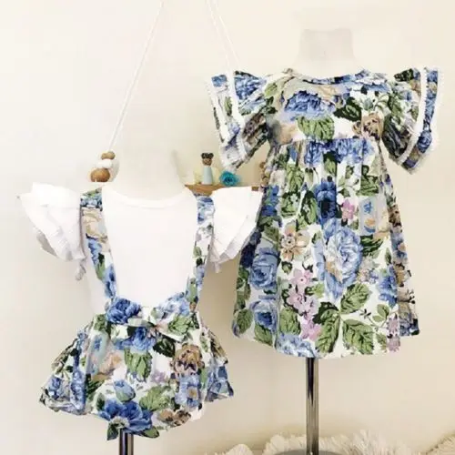 Family Matching Outfits Sister Match Kid Baby Girl Costume Floral Ruffle Dress Top Bib Shorts Outfit | Детская одежда и обувь