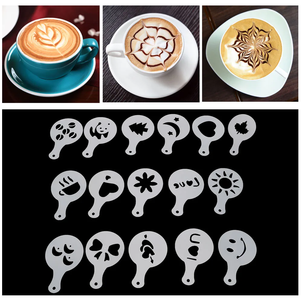 

16 piece/set Coffee Drawing Fancy Natie Printing Garland Mold Cappuccino Coffee Barista Mold Templates Strew Sugar Sieve Tools