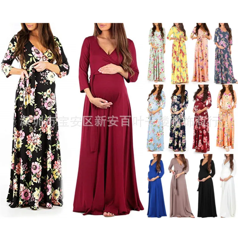 

Suit-dress Crossing V Lead Belt Part Sleeve Pregnant Woman Longuette maternity dresses for dress elegant Factory Cotton