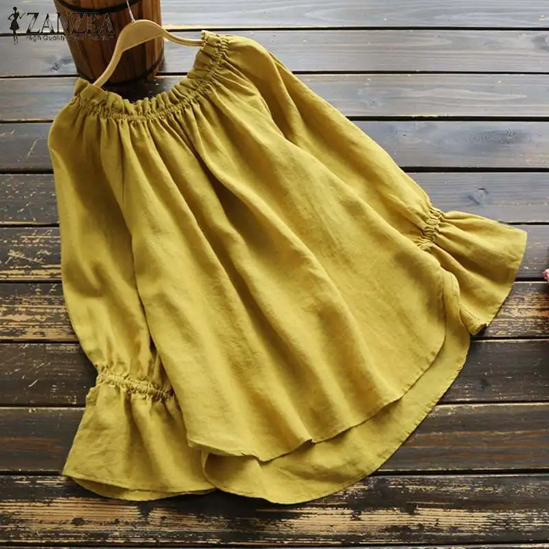 

ZANZEA Summer Women Flare Sleeve Cotton Linen Shirt Solid Blouse Vintage Off Shoulder Tunic Tops Femme Casual Loose Blusas 2019