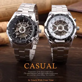 

LinTimes Cool watches For Men Skeleton Mens Black Automatic Mechanical Sport Wrist Watch Stainless Steel Band