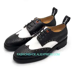 Обувь с перфорацией типа «броги» белого и черного цвета, модная мужская деловая обувь ручной работы из коровьей кожи