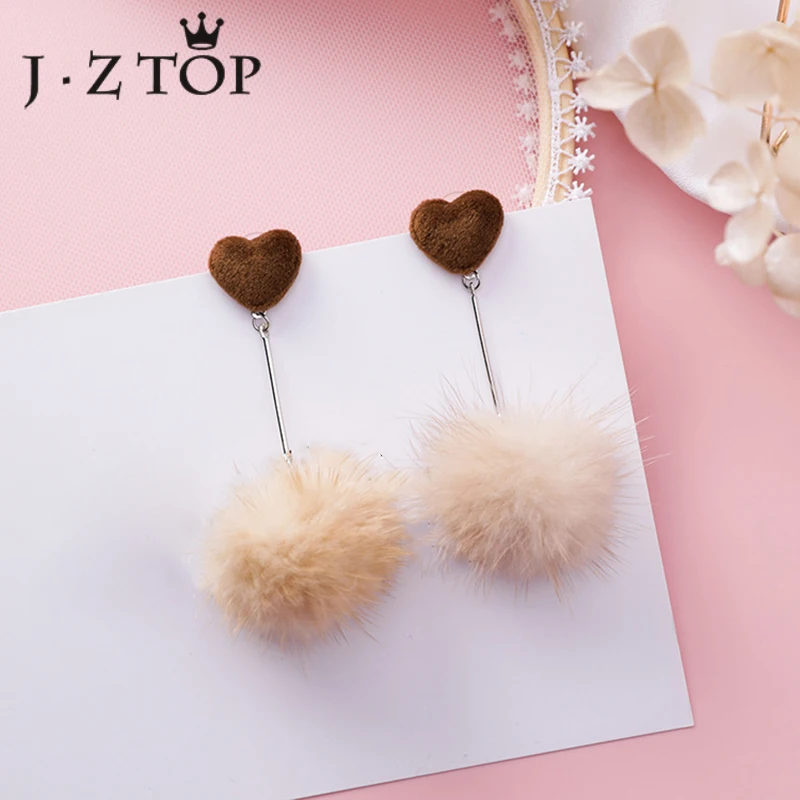 JZTOP Cute Heart Mink Hair Ball Drop Earring Woman Lovely