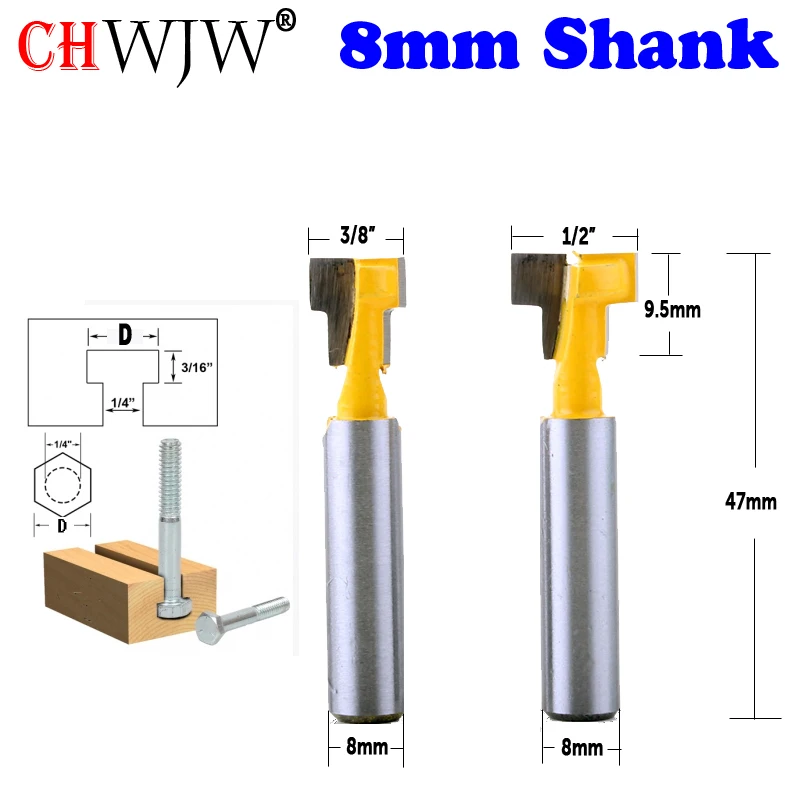 CHWJW 2 шт. 8 мм хвостовик Т-образный резак фрезы для 1/" шестигранный болт 9,52, 12,7 мм Диаметр древесины режущий инструмент
