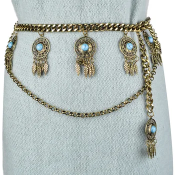 

New European and American retro style Turquoise waist chain with drill fringed waist chain for women