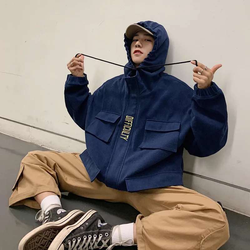 Spring New Hooded Jacket Men Fashion Solid Color Casual Tooling Wind Jacket Man Streetwear Hip Hop Loose Bomber Jacket Male