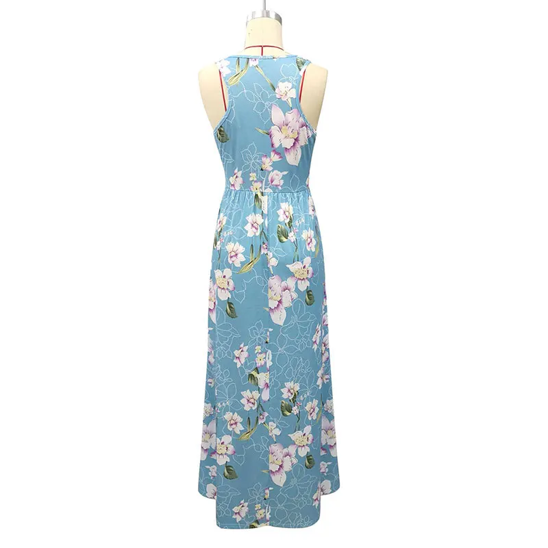 

2019 new bohemian dress elastic waist print large swing dress cross-border elegant women's sleeveless party casual long dress