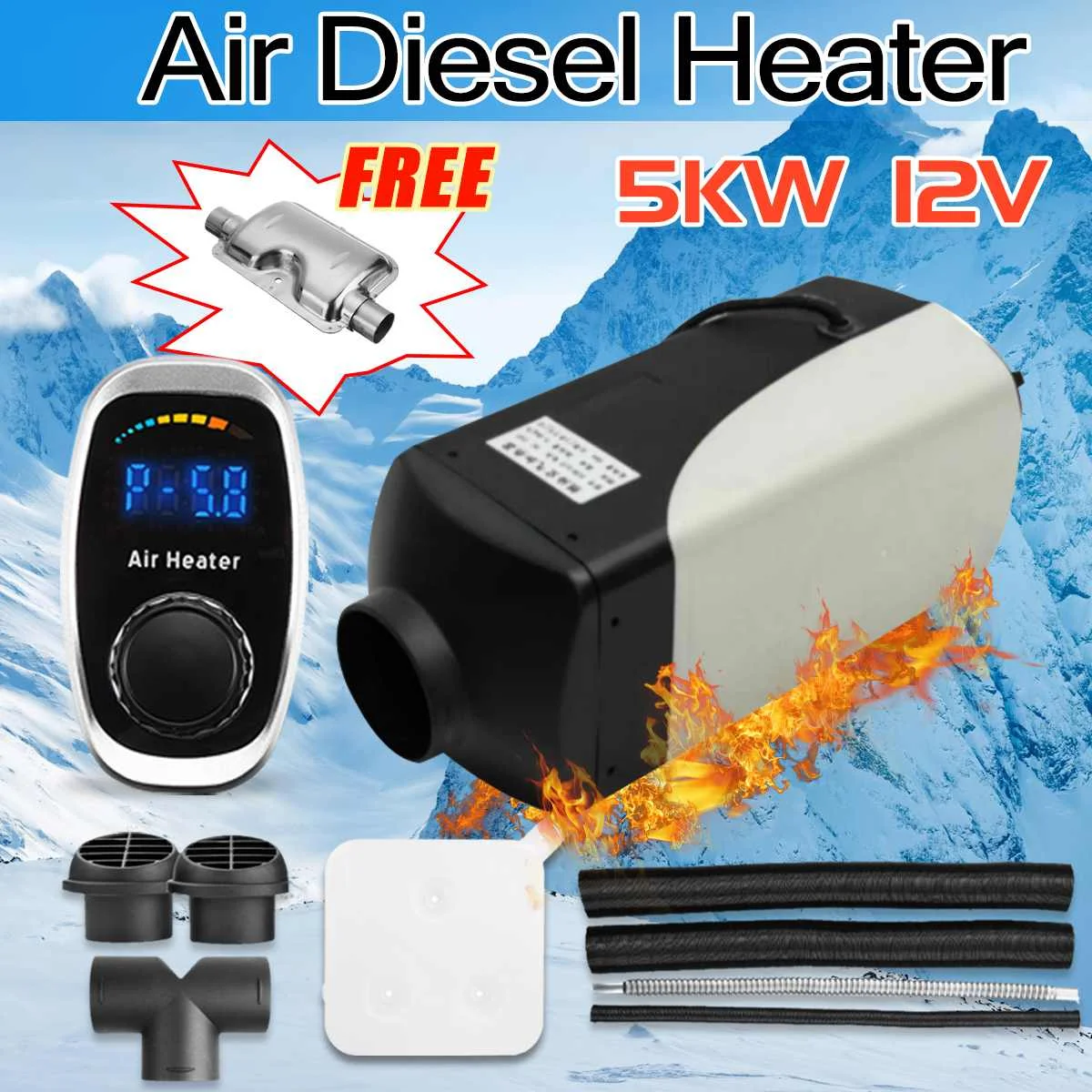 

HCalory 12V 5kw Diesels Air Parking Heater Air Heating LCD Screen Digital knob Switch with Silencer For Trucks Bus Car Trailer