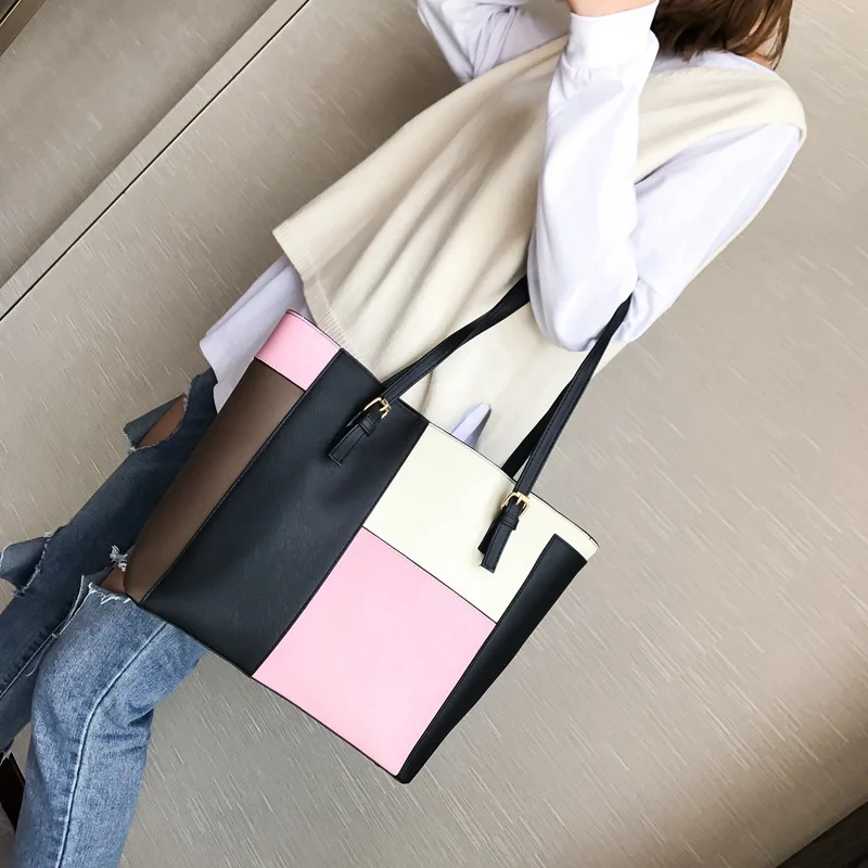 

2019 New Women PU Patchwork Large Capacity Shoulder Bag Female Daily Geometric Totes Bag Lady Elegant Shopping Handbag OC375