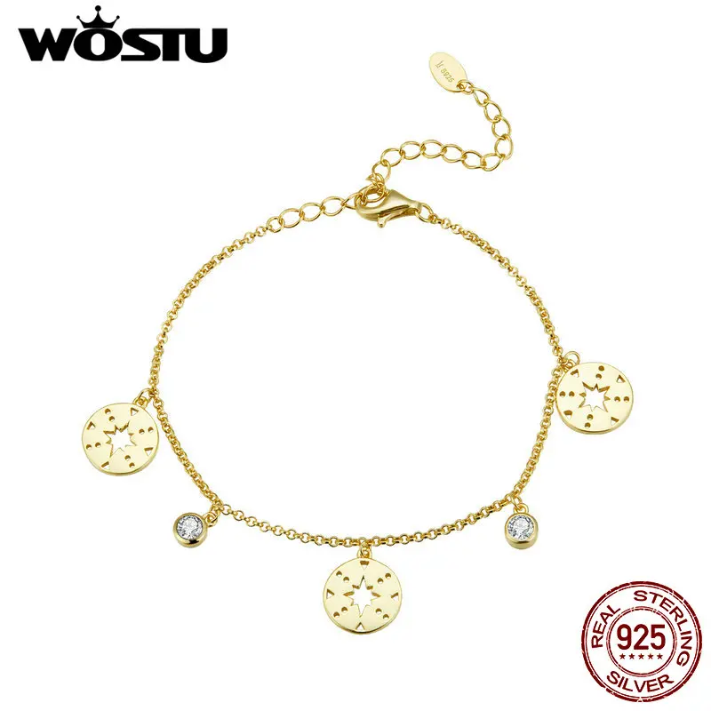 

WOSTU NEW 925 Sterling Silver Bracelets Gold Color Hexagram Star Zircon Chain Link Adjustable Bracelets For Women Jewelry CQB121