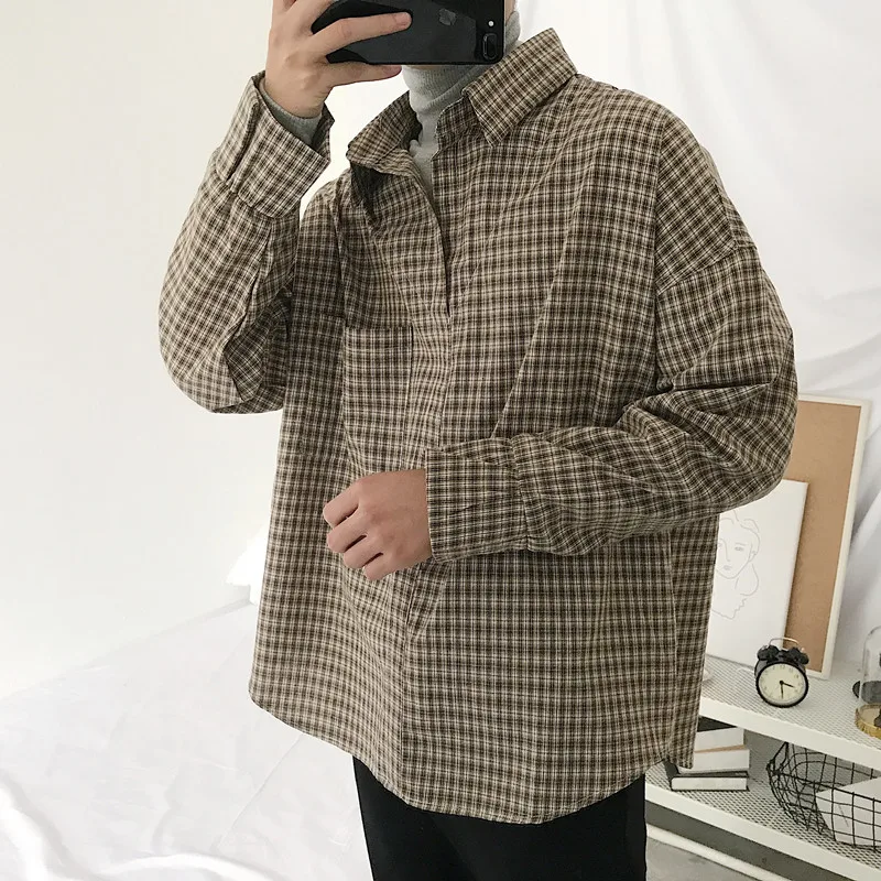 

Winter New Men's Casual Shirt M-XL Fake Two Temperament Youth Long-sleeved Solid Color Cotton Polyester Simple Lattice