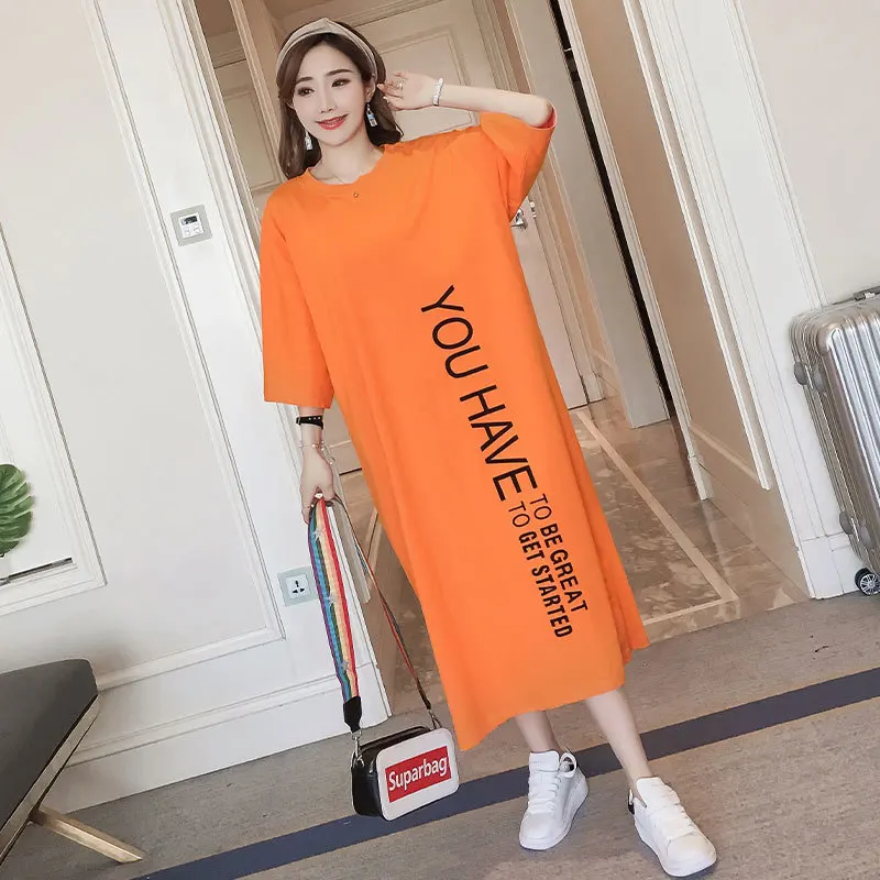 

#4954 Summer Korean Style Letter Print Casual Cotton T Shirt Dress Women Loose Orange Color Short Sleeve Womens Dresses Fashion